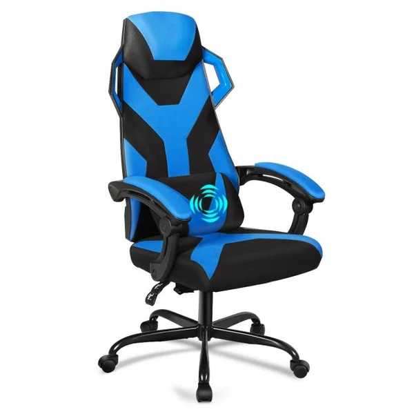 Chaise de Bureau Gamer Hauteur Réglable Inclinable de 90° à 135° Massage Capacité 120 Kg 66x65x120-130cm Bleu
