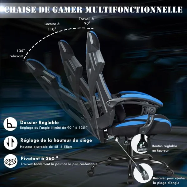 Chaise de Bureau Gamer Hauteur Réglable Inclinable de 90° à 135° Massage Capacité 120 Kg 66x65x120-130cm Bleu