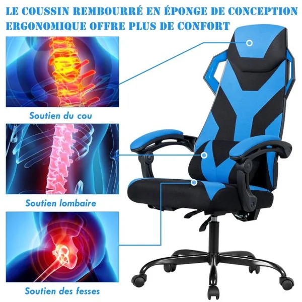 Chaise de Bureau Gamer Hauteur Réglable Inclinable de 90° à 135° Massage Capacité 120 Kg 66x65x120-130cm Bleu