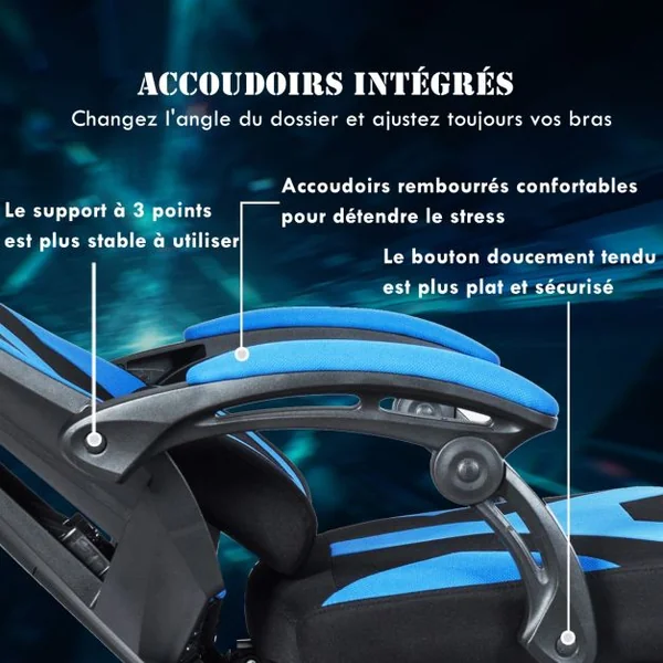 Chaise de Bureau Gamer Hauteur Réglable Inclinable de 90° à 135° Massage Capacité 120 Kg 66x65x120-130cm Bleu