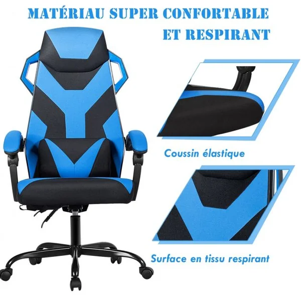 Chaise de Bureau Gamer Hauteur Réglable Inclinable de 90° à 135° Massage Capacité 120 Kg 66x65x120-130cm Bleu