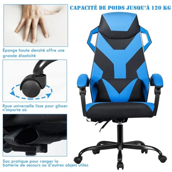 Chaise de Bureau Gamer Hauteur Réglable Inclinable de 90° à 135° Massage Capacité 120 Kg 66x65x120-130cm Bleu