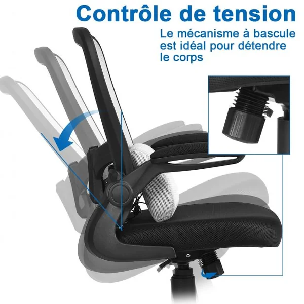 Chaise de Bureau à Roulettes Support Lombaire de Massage Rechargeable Par Usb Dossier Haut Accoudoirs Relevables Gris