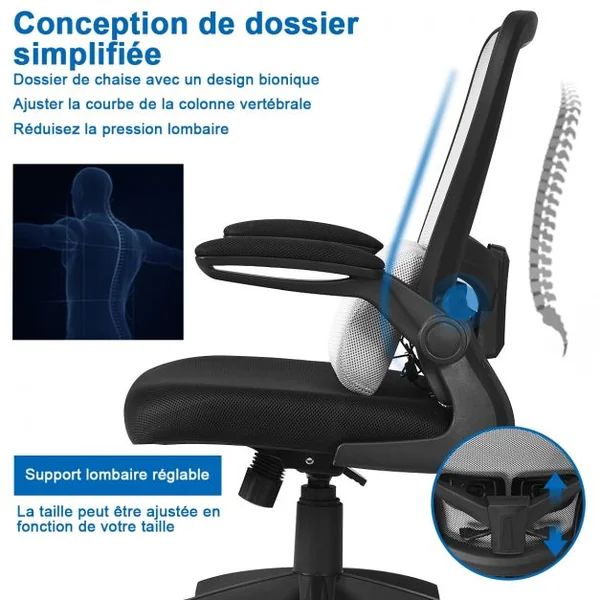 Chaise de Bureau à Roulettes Support Lombaire de Massage Rechargeable Par Usb Dossier Haut Accoudoirs Relevables Gris