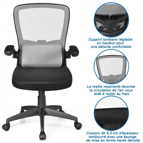 Chaise de Bureau à Roulettes Support Lombaire de Massage Rechargeable Par Usb Dossier Haut Accoudoirs Relevables Gris