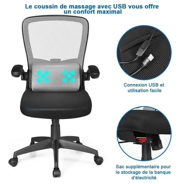 Chaise de Bureau à Roulettes Support Lombaire de Massage Rechargeable Par Usb Dossier Haut Accoudoirs Relevables Gris
