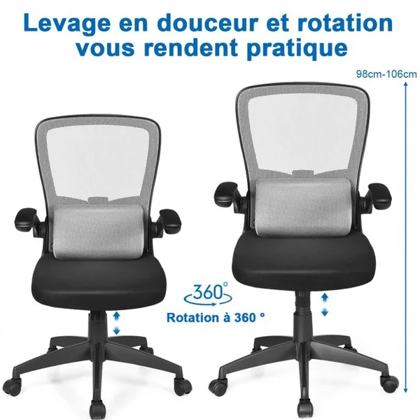 Chaise de Bureau à Roulettes Support Lombaire de Massage Rechargeable Par Usb Dossier Haut Accoudoirs Relevables Gris
