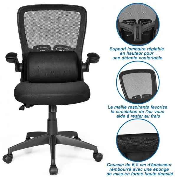 Chaise de Bureau à Roulettes Support Lombaire de Massage Rechargeable Par Usb Dossier Haut Accoudoirs Relevables Noir