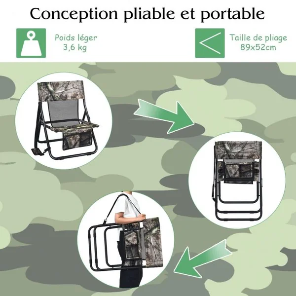 Chaise de Camping Pliable avec Poches Fait en Tissu Oxford et Fer Charge 102KG Chaise de Chasse