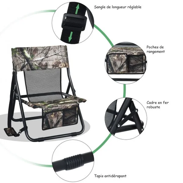 Chaise de Camping Pliable avec Poches Fait en Tissu Oxford et Fer Charge 102KG Chaise de Chasse