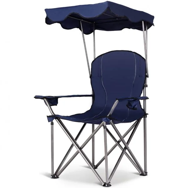 Chaise de Camping Pliante Rembourrée Auvent Pliable Capacité 120 KG en PVC et Cadre en Acier 96,5x67,5x130cm Bleu