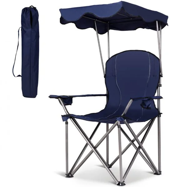 Chaise de Camping Pliante Rembourrée Auvent Pliable Capacité 120 KG en PVC et Cadre en Acier 96,5x67,5x130cm Bleu