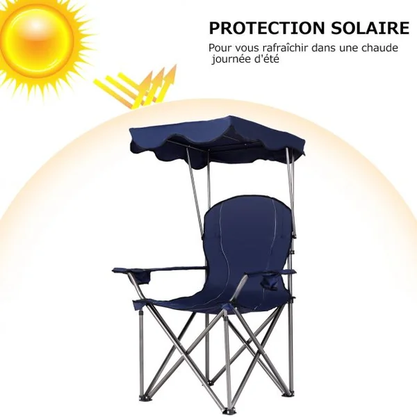 Chaise de Camping Pliante Rembourrée Auvent Pliable Capacité 120 KG en PVC et Cadre en Acier 96,5x67,5x130cm Bleu