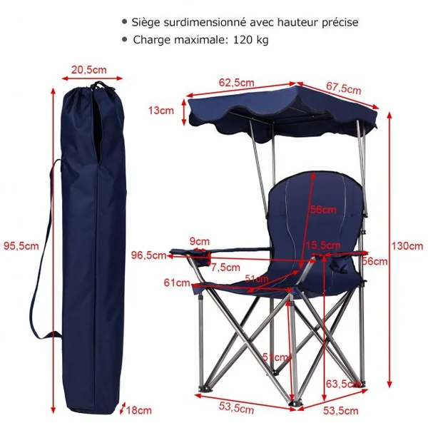 Chaise de Camping Pliante Rembourrée Auvent Pliable Capacité 120 KG en PVC et Cadre en Acier 96,5x67,5x130cm Bleu