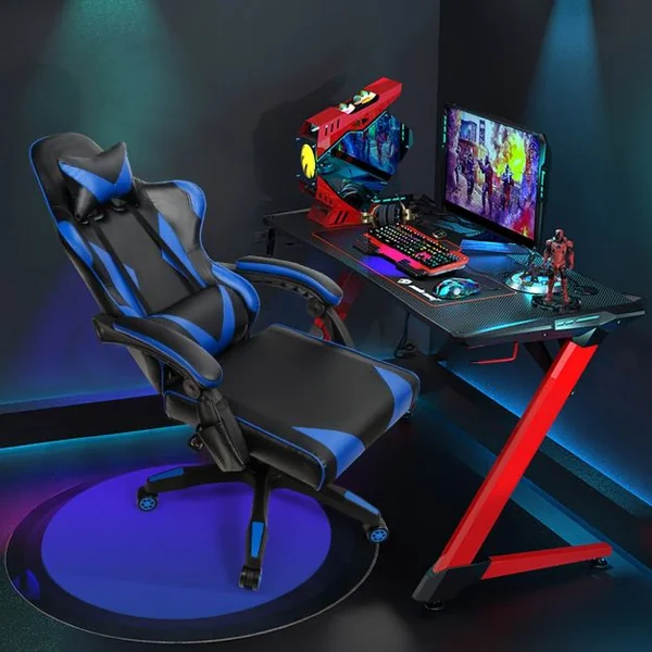 Chaise de Gamer en Simili Cuir à 5 Roulettes avec Appui-tête et Oreiller Dossier Réglable Bleu