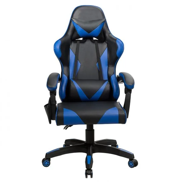 Chaise de Gamer en Simili Cuir à 5 Roulettes avec Appui-tête et Oreiller Dossier Réglable Bleu
