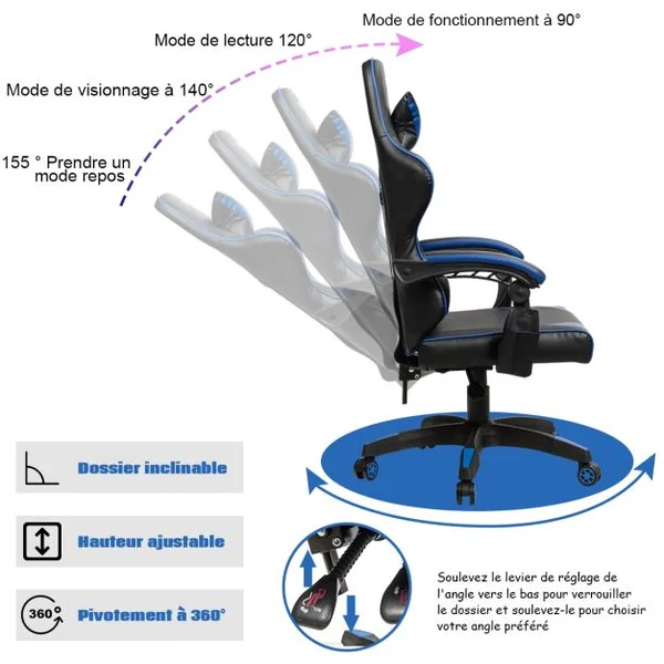 Chaise de Gamer en Simili Cuir à 5 Roulettes avec Appui-tête et Oreiller Dossier Réglable Bleu