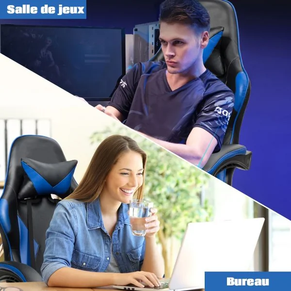Chaise de Gamer en Simili Cuir à 5 Roulettes avec Appui-tête et Oreiller Dossier Réglable Bleu