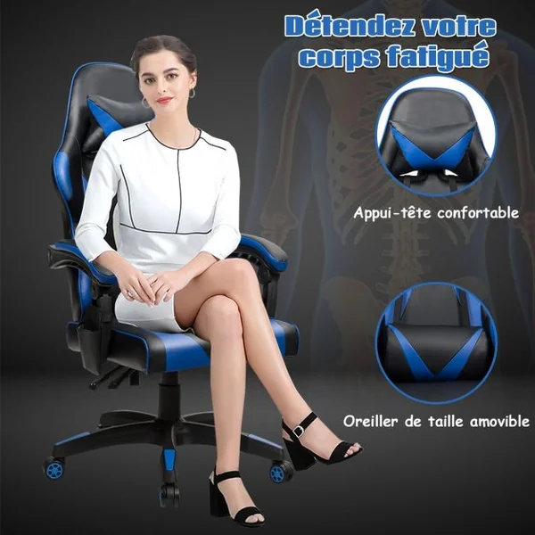 Chaise de Gamer en Simili Cuir à 5 Roulettes avec Appui-tête et Oreiller Dossier Réglable Bleu