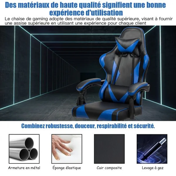 Chaise de Gamer en Simili Cuir à 5 Roulettes avec Appui-tête et Oreiller Dossier Réglable Bleu