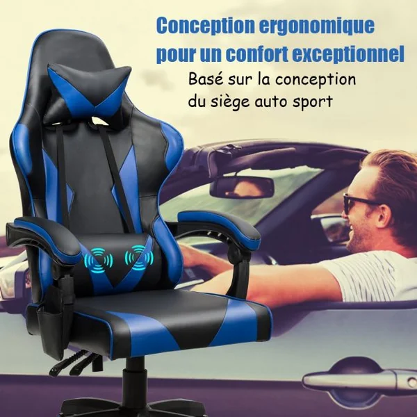 Chaise de Gamer en Simili Cuir à 5 Roulettes avec Appui-tête et Oreiller Dossier Réglable Bleu