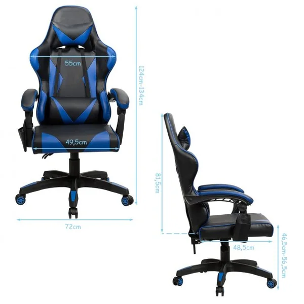 Chaise de Gamer en Simili Cuir à 5 Roulettes avec Appui-tête et Oreiller Dossier Réglable Bleu