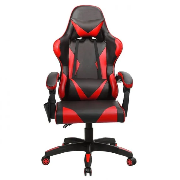 Chaise de Gamer en Simili Cuir à 5 Roulettes avec Appui-tête et Oreiller Dossier Réglable Rouge