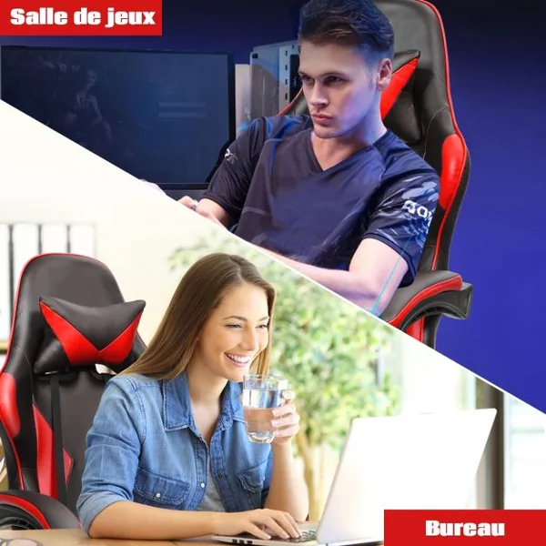 Chaise de Gamer en Simili Cuir à 5 Roulettes avec Appui-tête et Oreiller Dossier Réglable Rouge