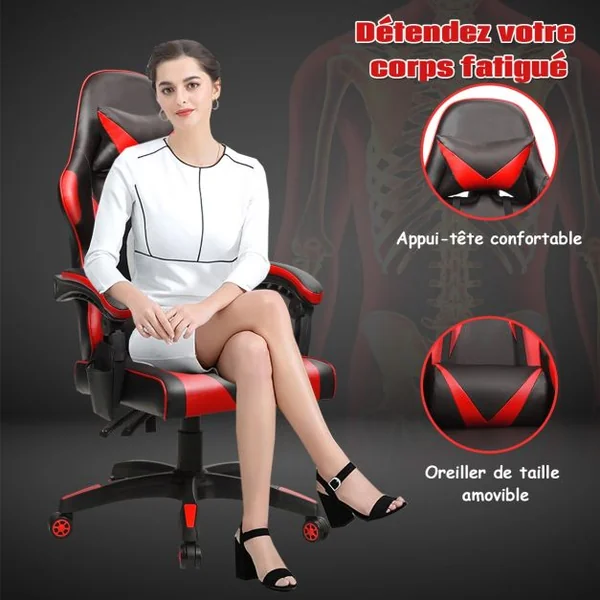 Chaise de Gamer en Simili Cuir à 5 Roulettes avec Appui-tête et Oreiller Dossier Réglable Rouge