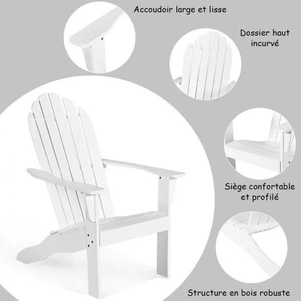 Chaise de Jardin Adirondack Résistante Dossier Incurvé Accoudoirs Capacité 170 kg en Bois d’Acacia 69x88x103cm Blanc