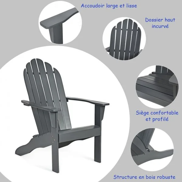 Chaise de Jardin Adirondack Résistante Dossier Incurvé Accoudoirs Capacité 170 kg en Bois d’Acacia 69x88x103cm Gris