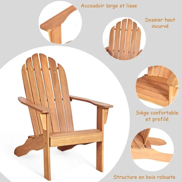 Chaise de Jardin Adirondack Résistante Dossier Incurvé Accoudoirs Capacité 170 kg en Bois d’Acacia 69x88x103cm Naturel