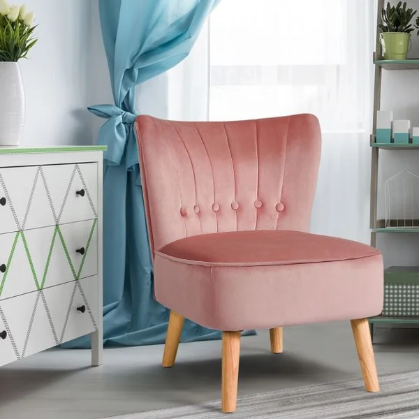 Chaise de Salon Confortable en Velours Coussin Rembourré Antidérapant Style Élégant en Bois d’Hévéz 56x70x69 cm Rose