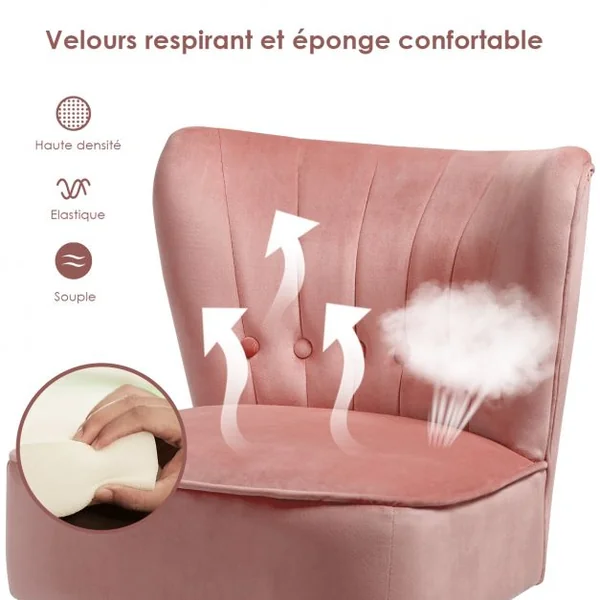 Chaise de Salon Confortable en Velours Coussin Rembourré Antidérapant Style Élégant en Bois d’Hévéz 56x70x69 cm Rose
