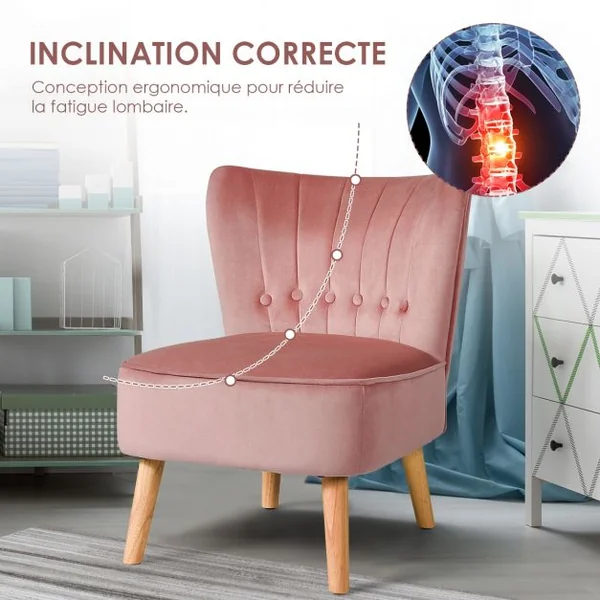 Chaise de Salon Confortable en Velours Coussin Rembourré Antidérapant Style Élégant en Bois d’Hévéz 56x70x69 cm Rose