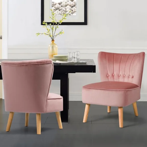 Chaise de Salon Confortable en Velours Coussin Rembourré Antidérapant Style Élégant en Bois d’Hévéz 56x70x69 cm Rose