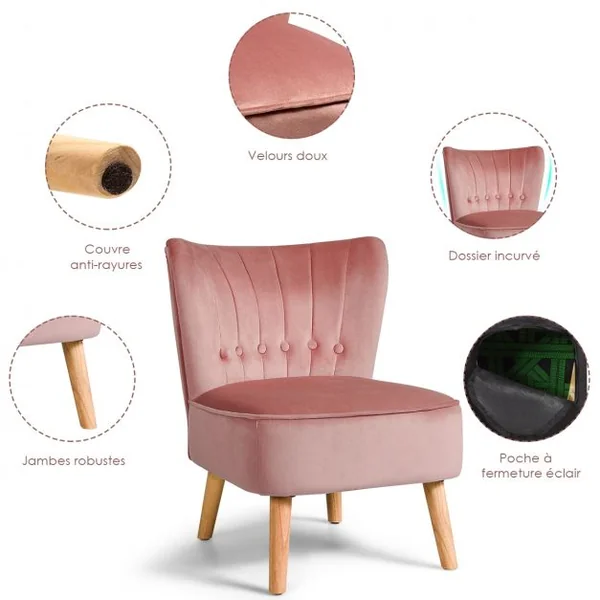 Chaise de Salon Confortable en Velours Coussin Rembourré Antidérapant Style Élégant en Bois d’Hévéz 56x70x69 cm Rose