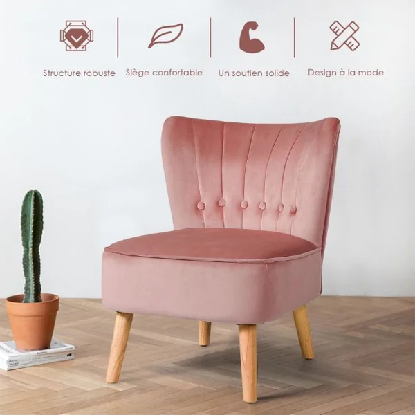 Chaise de Salon Confortable en Velours Coussin Rembourré Antidérapant Style Élégant en Bois d’Hévéz 56x70x69 cm Rose