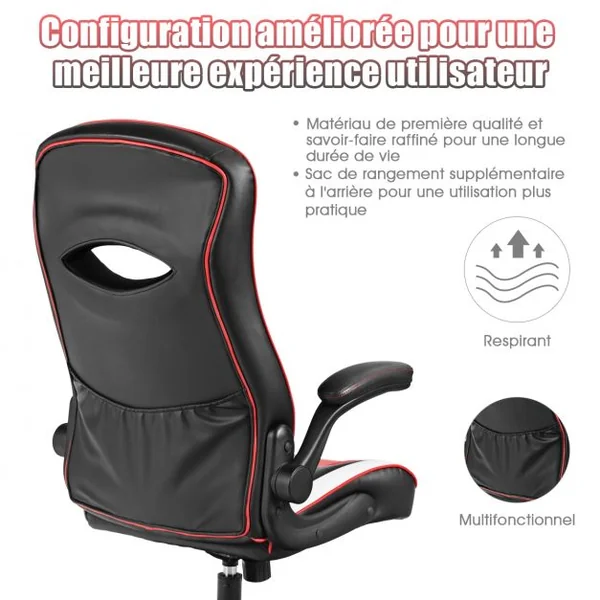 Chaise Gaming avec Base Ronde Appui Dos Inclinable 118° Coussin Lombaire Revêtement en PVC Charge 125kg