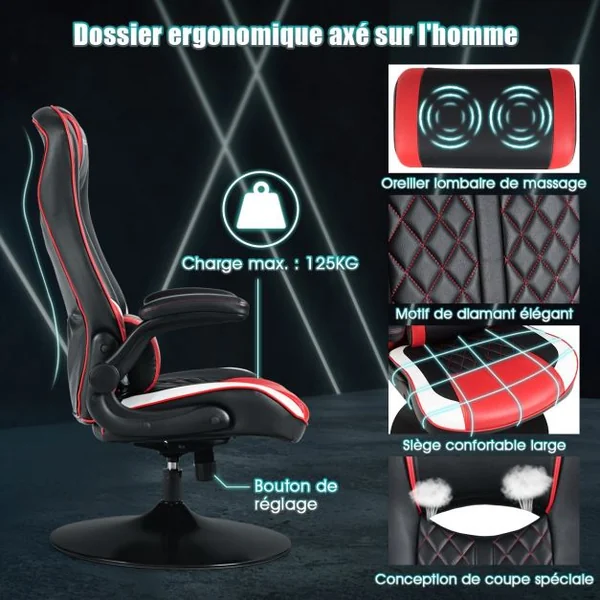 Chaise Gaming avec Base Ronde Appui Dos Inclinable 118° Coussin Lombaire Revêtement en PVC Charge 125kg