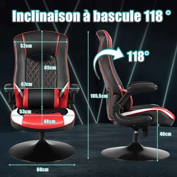 Chaise Gaming avec Base Ronde Appui Dos Inclinable 118° Coussin Lombaire Revêtement en PVC Charge 125kg
