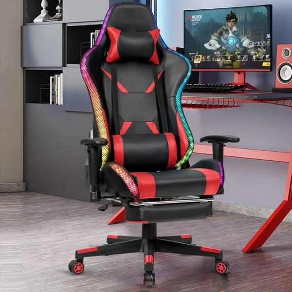 Chaise Gaming Fauteuil de Bureau Hauteur Ajustable et Dossier Inclinable Repose Pieds Inclus Rouge