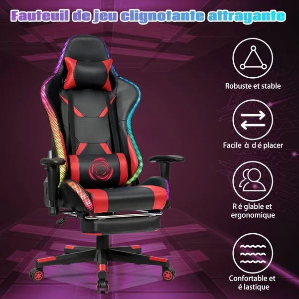 Chaise Gaming Fauteuil de Bureau Hauteur Ajustable et Dossier Inclinable Repose Pieds Inclus Rouge