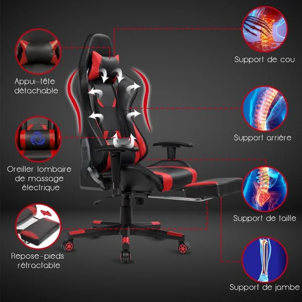 Chaise Gaming Fauteuil de Bureau Hauteur Ajustable et Dossier Inclinable Repose Pieds Inclus Rouge