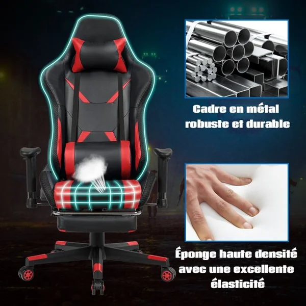 Chaise Gaming Fauteuil de Bureau Hauteur Ajustable et Dossier Inclinable Repose Pieds Inclus Rouge