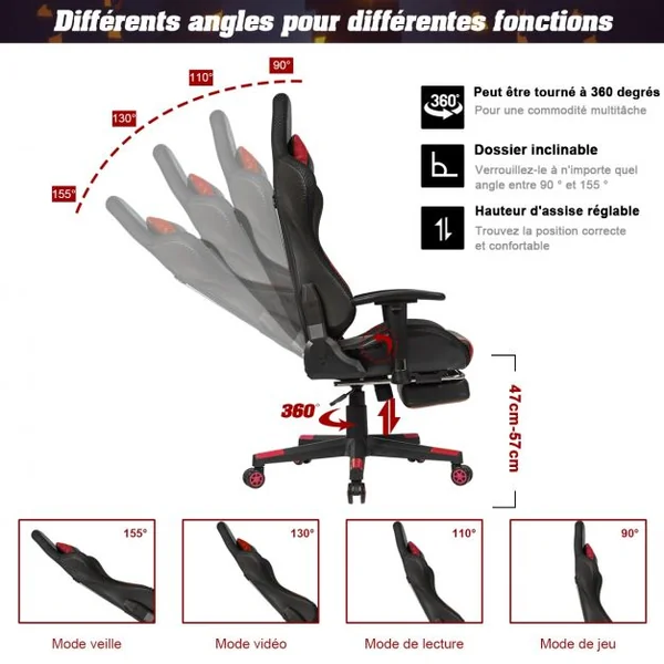 Chaise Gaming Fauteuil de Bureau Hauteur Ajustable et Dossier Inclinable Repose Pieds Inclus Rouge