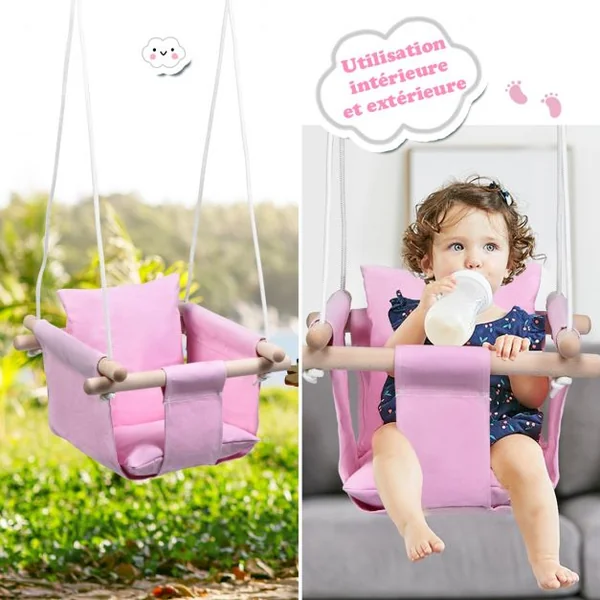 Chaise Hamac Suspendu en Toile pour Bébé 6-36 Mois avec 2 Coussins Charge 60KG Corde Ajustable Rose