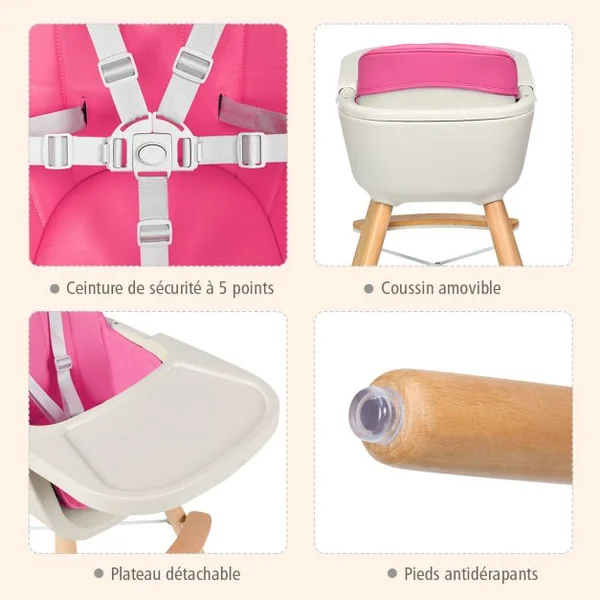 Chaise Haute 2 en 1 pour Bébé 3 Hauteurs Réglables Harnais de Sécurité en PE PP PU Bois, 52x56x83cm, Rose