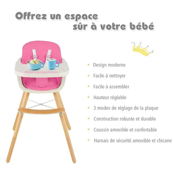 Chaise Haute 2 en 1 pour Bébé 3 Hauteurs Réglables Harnais de Sécurité en PE PP PU Bois, 52x56x83cm, Rose