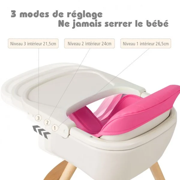 Chaise Haute 2 en 1 pour Bébé 3 Hauteurs Réglables Harnais de Sécurité en PE PP PU Bois, 52x56x83cm, Rose